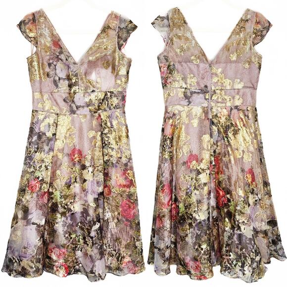 Rickie Freeman Teri Jon Gold Floral Pleated Fit and Flare Midi Cocktail Dress 8 - Picture 2 of 14